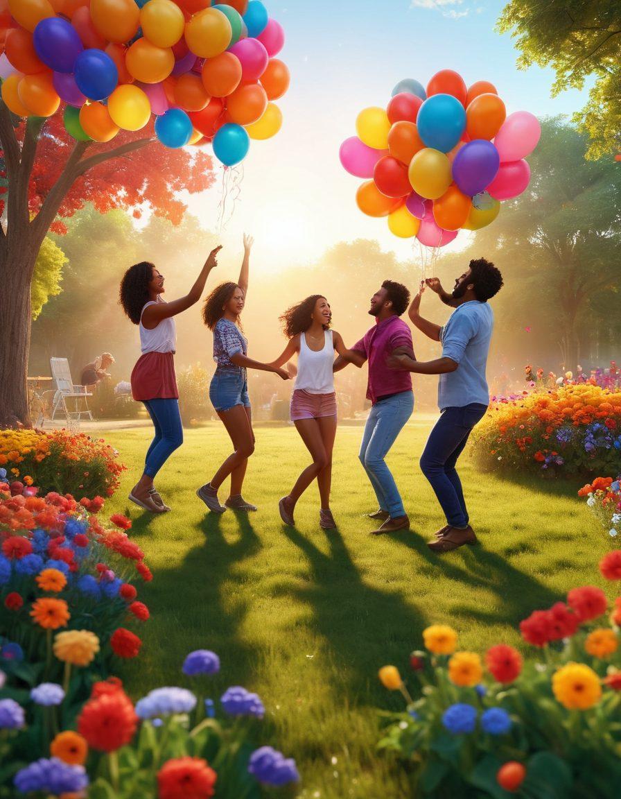 A vibrant sunrise illuminating a diverse group of people dancing joyfully in a beautiful outdoor setting, surrounded by colorful balloons and flowers. The atmosphere is filled with warmth and excitement, embodying the essence of ecstatic moments. Include hints of nature like trees and a clear sky to enhance the spirit of celebration and harmony. super-realistic. vibrant colors. 3D.